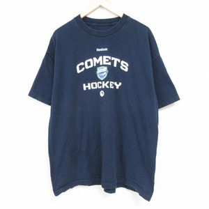 XL/古着 リーボック REEBOK 半袖 ブランド Tシャツ メンズ AHL ユティカコメッツ アイスホッケー 大きいサイズ クルーネック 紺 ネイビー 2