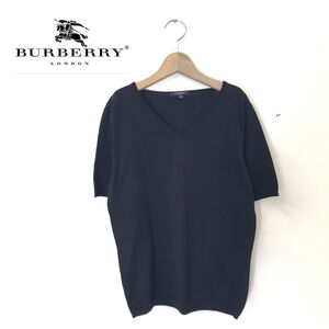 1O1257-T◆BURBERRY バーバリー 半袖ニット セーター ブイネック プルオーバ 刺繍ロゴ◆size40 ブラック レディース トップス コットン100