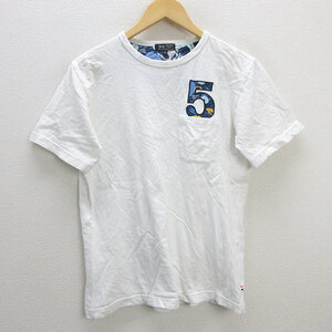 H■ビームス/BEAMS HEART アロハプリント 胸ポケ クルーネックTシャツ【M】白/MENS■66【中古】