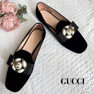 希少■GUCCI グッチ Bee パール リボン ビジュー フラットシューズ パンプス size37 黒 ゴールド ベロア