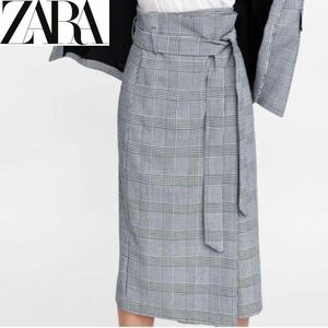 ZARA woman　ザラウーマン 巻きスカート　ロングスカート リボンベルト付き　千鳥格子・チェック　白・ホワイト×黒・ブラック　ミドル丈