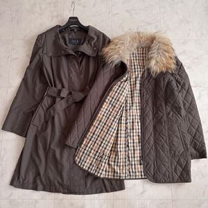 新品同様★DAKS ダックス★3way ベルテッドロングコート キルティングライナー付き★リアルファー★ハウスチェック★大きいサイズ13号 XL