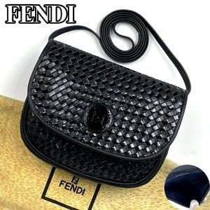 【美品】FENDI フェンディ ショルダーバッグ ポシェット ミニバッグ FF ズッカ ロゴ型押し イントレチャート フォーマル 男女兼用 黒 希少