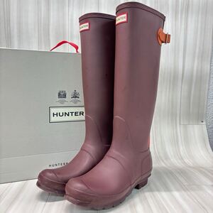 FN241213-35 HUNTER ハンター レインブーツ レインシューズ 長靴 ブラウン US8 UK6 EUR39 約25cm ロングブーツ 箱付　