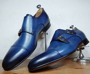 【試し履きのみ/未使用】ITALY製 Santoni/サントーニ ダブルモンクストラップ UK8 27cm相応 ネイビー/magnanni ブランキーニ