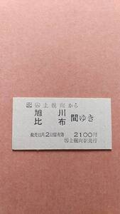 JR北海道　函館本線　(ム)上幌向から旭川/比布　間ゆき　2100円　(簡)上幌向駅発行　日付無