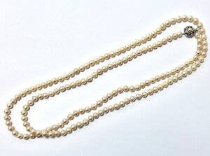 rm) ロング　パール ネックレス ホワイト系 サークル シルバー金具 サイズ：約 7.0-7.6mm程 約120cm 総重量：約 92.5g アクセサリー 中古