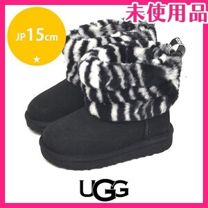 新品未使用品 アグオーストラリア UGG Australia キッズ ガール ゼブラファー ロゴタン ムートンブーツ ブラック 黒 JP15cm sh24-1221