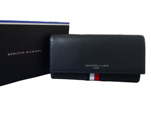 新品未使用 正規品 トミーヒルフィガー TOMMY HILFIGER 長財布 かぶせ財布 ダークネイビー 牛革 箱あり メンズ