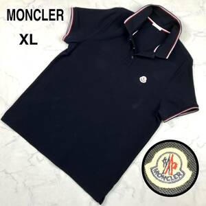 近年/XLサイズ◎MONCLER 半袖 ポロシャツ モンクレール 鹿の子 刺繍 ロゴ ワッペン トリコロール MAGLIA マグリア メンズ ネイビー ボタン