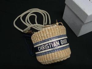 ■新品■未使用■ ChristianDior ディオール ラフィア×コットン 巾着型 ショルダーバッグ ポーチ ベージュ系×ネイビー系 BL5392