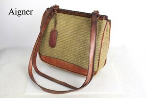 アイグナー Aigner レザー × 天然素材 トートバッグ バック ヴィンテージ ビンテージ 古着 アメカジ 中古 Brady ブレディー ゲンテン