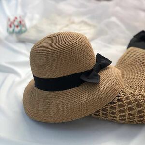 ＵＶカット 帽子 日差し対策 夏 日よけ帽子 ストローハット つば広　麦わら帽子　キャメル　女優帽子