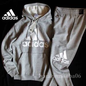 メンズ M ◆未使用 定価1.3万 adidas アディダス 裏フリース ビッグロゴ スウェット 上下 パーカー スウェットパンツ セットアップ 灰