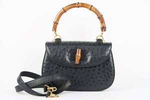 【美品】GUCCI グッチ バンブー 2WAY ST付 ターンロック ハンドバッグ オーストリッチ×ウッド【OX49】