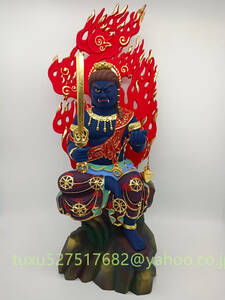 仏教美術 木造 大型 不動明王 座像 火焔光背 彩色木彫 仏像 佛像 細密細工 高さ 34 ｃｍ
