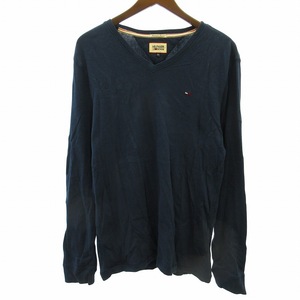 トミーヒルフィガー TOMMY HILFIGER DENIM 長袖Tシャツ カットソー Vネック ロゴ刺繍 海外正規品 紺 ネイビー XL ●ECO