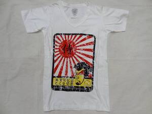 ビンテージ 希少 80S 90S 歌舞伎 侍 切腹 ハラキリ 箇所 点線 ドット プリント Vネック 白 Tシャツ 日の丸 レア 珍品 和柄 日本 漢字 太陽