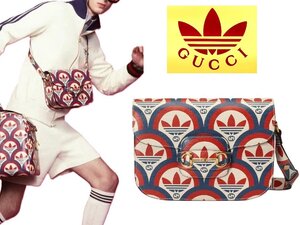 60万新品◆グッチ GUCCI×adidas GGホースビット×トレフォイル総柄レザーショルダーバッグ 赤青白 1円