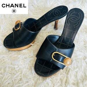 【良品】CHANEL シャネル　ココマーク　ミュール　サンダル　35 1/2 (22.5㎝相当) レザー　ウッド　イタリア製　黒