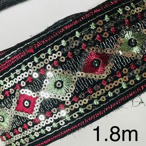 刺繍リボン　テープ　ブレード　幅4cm 長さ1.8m シルバー　銀色　レッド　紅色　赤　黒　ハンドメイド　ブラック　菱形　スパンコール