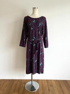 marimekko/マリメッコ/ワンピース/リボン/8-9分袖/ストレッチ/総柄/パープル×グリーン/コットン×ポリウレタン/ポルトガル製