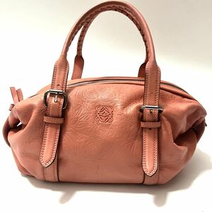 1円 【希少】LOEWE ロエベ カネラ ピンク ミニボストン 大容量　レザー フラワー エンボス 型押し アナグラム ハンドバッグ