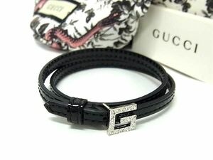 1円 ■美品■ GUCCI グッチ スクエアG パテントレザー ラインストーン 2連 ブレスレット アクセサリー レディース ブラック系 FB7392