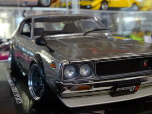 ☆カスタム☆京商 1/18 日産 スカイライン 2000 GT-R 改 シルバー☆ケンメリ☆Skyline☆KPGC110☆タイヤ⇒ステア可能・回転可能☆