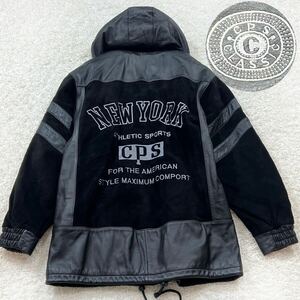 【美品】 L 相当 CPS レザー 切替え パーカー ジャケット ATHLETIC SPORTS NEW YORK AMERICAN STYLE コーチ ジャケット レザー/スエード 黒