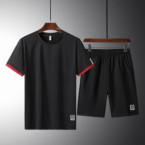 夏服 ルームウエア メンズ セットアップ 半袖 上下セット スポーツウェア 上下 半袖Tシャツ ブラック L