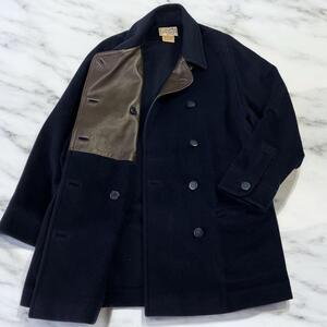 Vintage エルメス HERMES コート ダブルブレスト Hロゴボタン カシミヤ ラムレザー アウター レディース 36 S〜M 紺