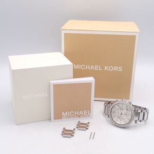 A/え09380/MICHAEL KORS マイケルコース/クオーツ/腕時計/19P/クロノグラフ/石付ベゼル/文字盤 シルバー/MK-5353/箱・取扱説明書・コマ付