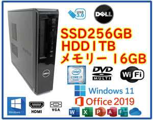 ★送料無料★スリムPC★超高速 i7-4770(3.9GHz)/大容量SSD256GB+大容量HDD1TB/メモリ16GB/Wi-Fi/Win11/Office2019/DELL Vestro 3800