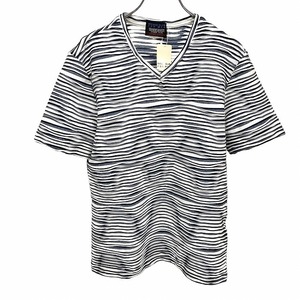 【新品】NICOLE CLUB FOR MEN Tシャツ リブの波ボーダー ストレッチ Vネック スリムフィット 半袖 ポリなど 46 杢ネイビー 紺×白 メンズ