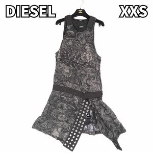 独自の鋭さを纏え★　DIESEL ディーゼル　ノースリーブワンピース アイレット 総柄 シルバーロゴ ロック バンギャ　黒 ブラック　XXS