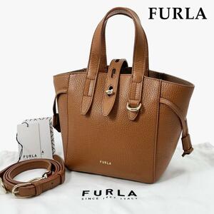 ◎極美品◎フルラ ネット ミニ 2way ショルダーバッグ ハンドバッグ 茶色 ライトブラウン FURLA NET MINI レザー ゴールド金具 かばん