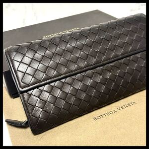 ★【極美品！鑑定済み！】BOTTEGA VENETA ボッテガヴェネタ イントレチャート 二つ折り長財布　ダークブラウン　定価7.8万 ☆