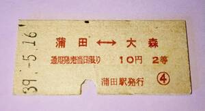 昭和39年 国鉄 硬券 乗車券 2等 10円(蒲田→大森) 蒲田駅発行