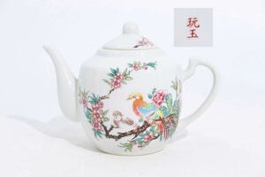 玩玉　底款　墨彩　紛彩　花鳥　・　漢詩紋　急須　/　時代物　中国美術　色絵　茶器　煎茶道具　煎茶飾　.F199