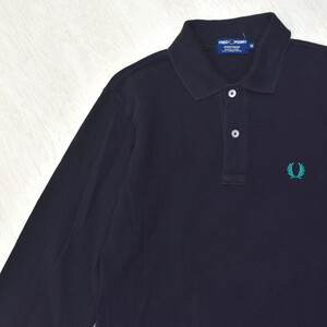 90s FRED PERRY フレッドペリー 長袖 ポロシャツ コットン 鹿の子 黒×緑 メンズ M ヴィンテージ 日本製 ヒットユニオン