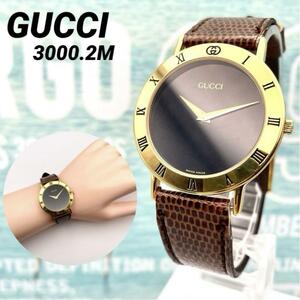 極美品■稼働 GUCCI グッチ メンズ 腕時計 レザー ユニセックス 3000.2M アンティーク ヴィンテージ N650-825-8