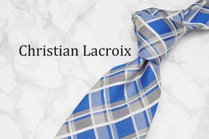 【美品】Christian Lacroix クリスチャンラクロア A-286 チェック ブルー グレー ブランド ネクタイ 良品 古着 卸 USED オールド SILK