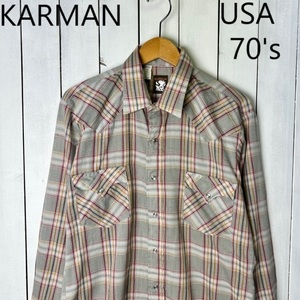 sh●628 USA古着 70s～ USA製 KARMAN チェックウエスタンシャツ 16-34 オールド ヴィンテージ アメリカ古着 カルマン 長袖 ポリコットン