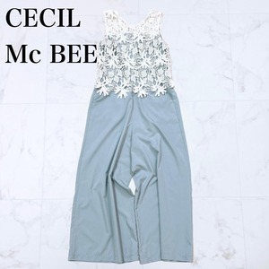 ■ CECIL McBEE セシルマクビー ドッキング オールインワンパンツ フラワーレース 花 水色 白 ホワイト レディース Free