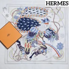 極美品 ★HERMES★ ハンカチ 冬の祭典 綿100％ ホワイト ブルー 箱