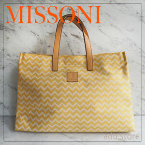 良品★ ミッソーニ MISSONI キャンバス レザー トートバッグ 総柄 イエロー ブラウン レディース ブランド A4