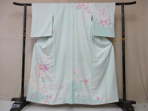 1円 良品 正絹 着物 訪問着 縮緬 式典 和装 水色 アンティーク 枝葉 枝花 草花 高級 袷 身丈150cm 裄64cm【夢職】★★★