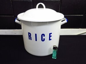 t9117　ホーロー製　ライスストッカー　ライス缶　米びつ　琺瑯　ホワイトｘブルー　保存容器　RICE　