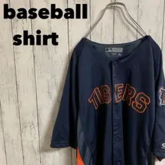 MLB タイガース　ベースボールシャツ　ゲームシャツ　刺繍　半袖　紺